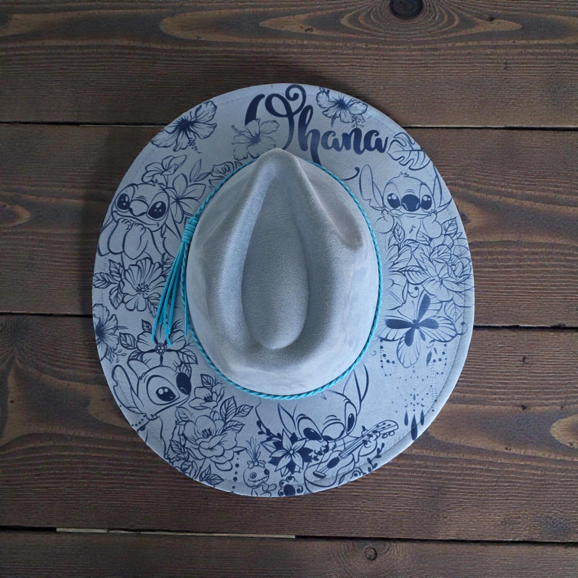 Stitch inspired tropical engraved wide brim hat flat lay
