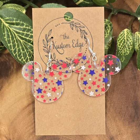 Red White & Blue Star Mouse Dangle Earrings, Lightweight Acrylic, Laser Cut, Gift For Her, Handmade Drop Earrings, Magical Mouse Earrings