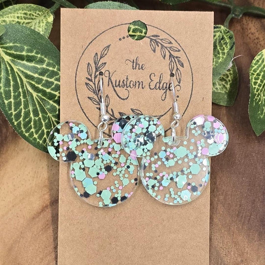 Green Confetti Mouse Dangle Earrings, Dot Glitter Acrylic, Laser Cut, Perfect Gift For Her, Handmade Drop Earrings, Magical Mouse Earrings