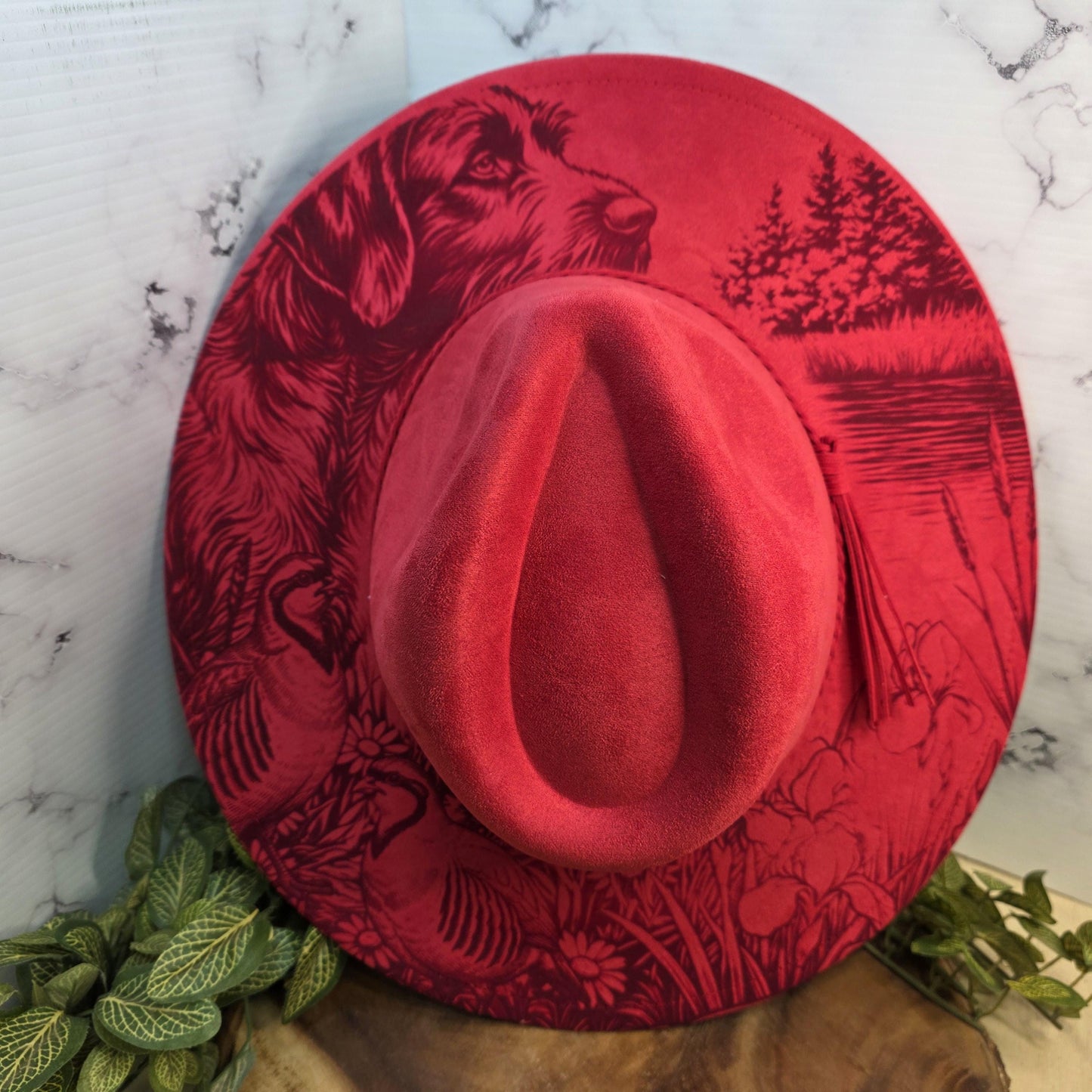 Hunting Pointer Dog Scene, Wide Brim Hat, Laser Engraved Fedora, Bird Dog Gift