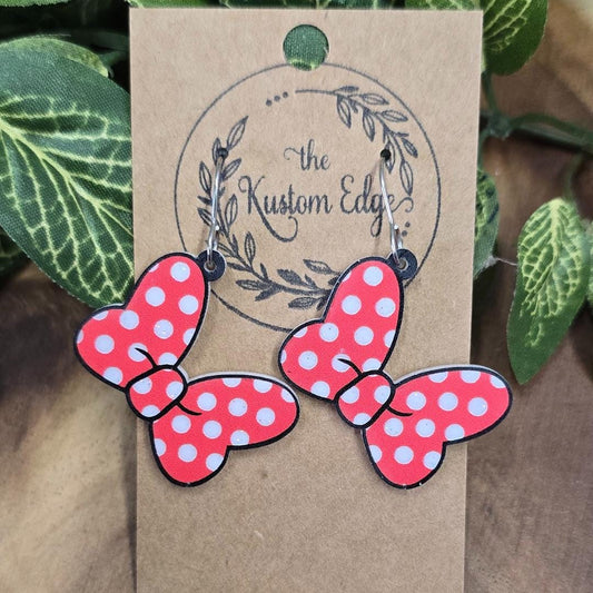 Minnie Bow Earrings, Mouse Dangle, White Glitter Acrylic, Gift For Her, Costume Jewelry Handmade Drop Earring, Magical Mouse Accessory