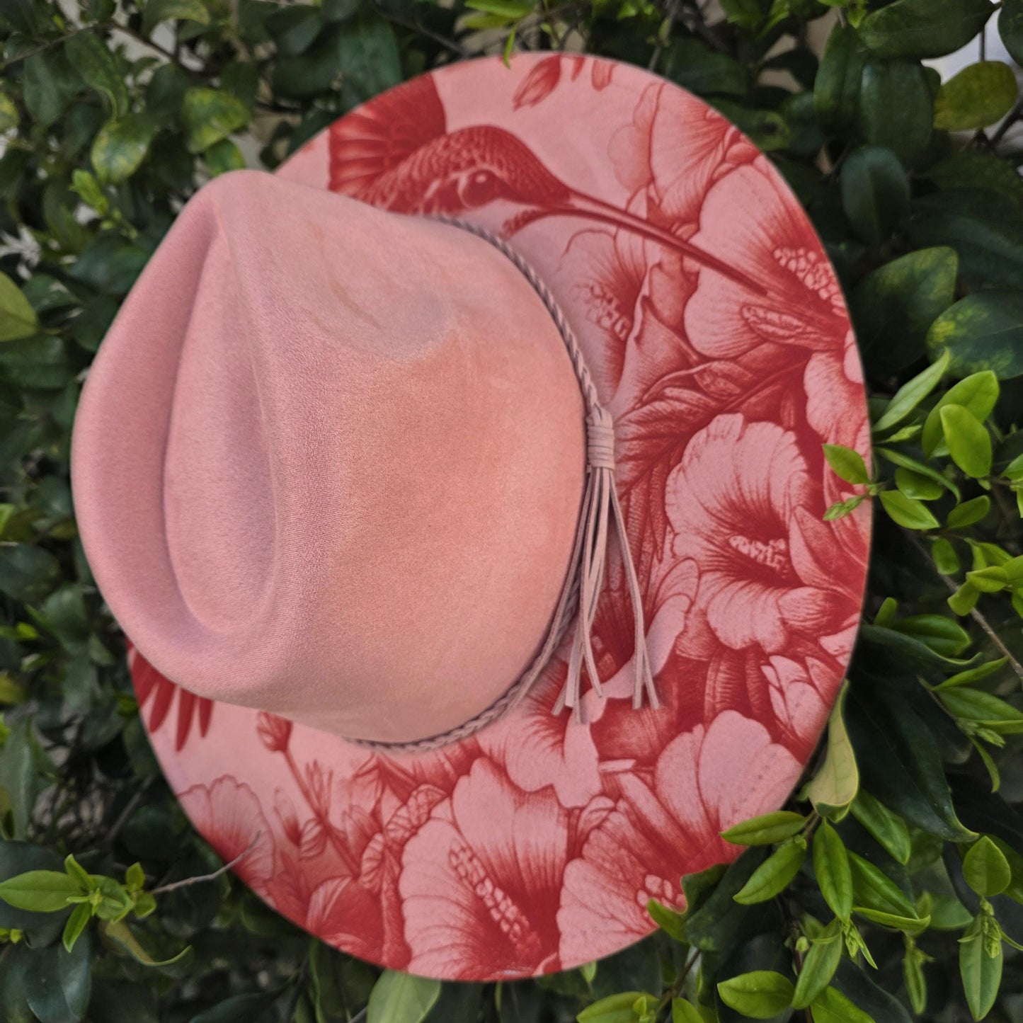 Hummingbird Engraved Wide Brim Hat, Floral Boho Western Vegan Suede Fedora, Nature Inspired Boutique