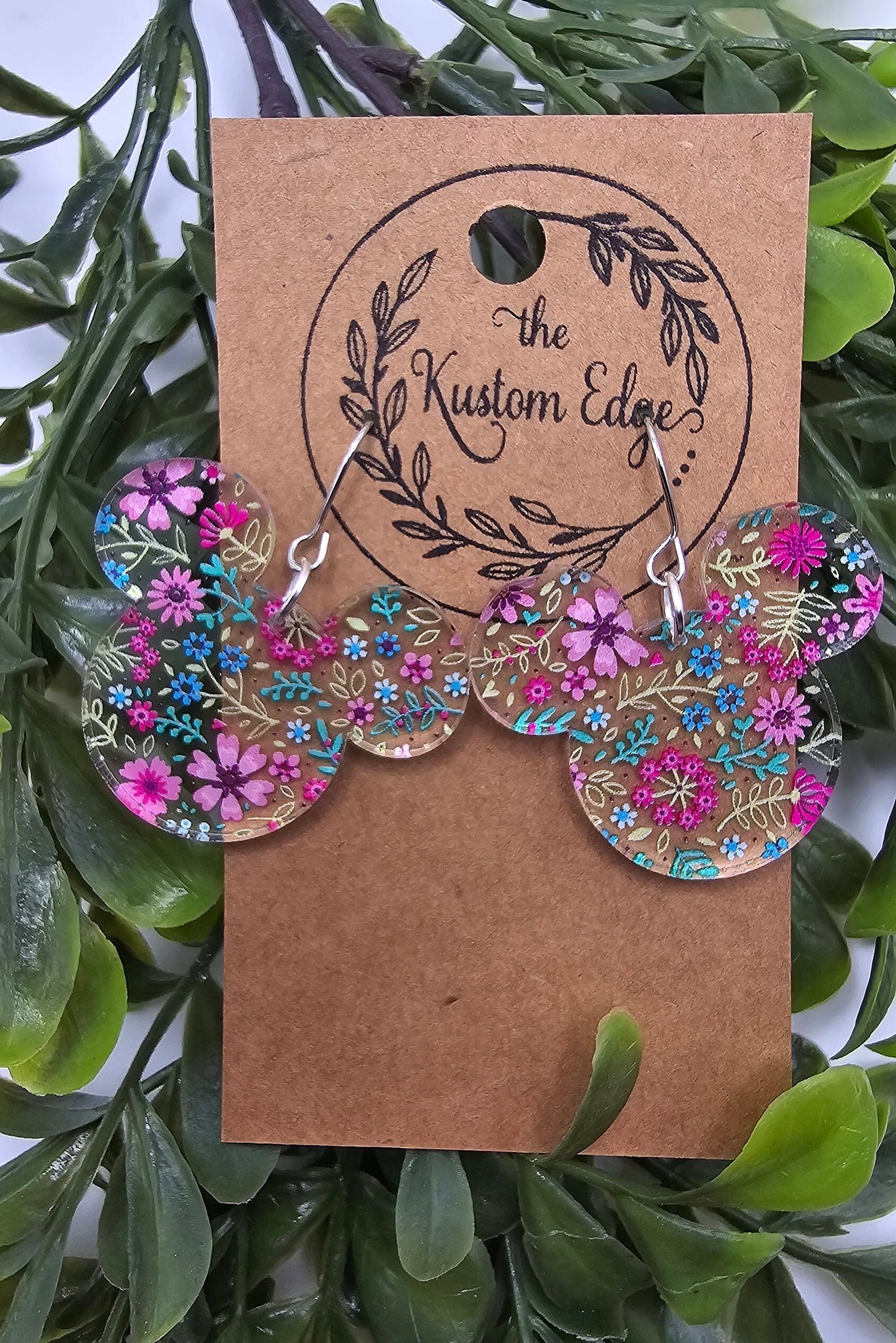 Floral Mouse Head Dangle Earrings: Laser Cut Acrylic, Stainless Steel