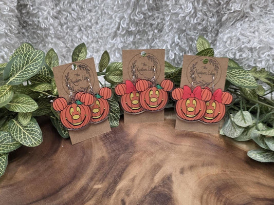Mickey and Minnie Pumpkin Earrings: Halloween, Light Weight Acrylic Dangles