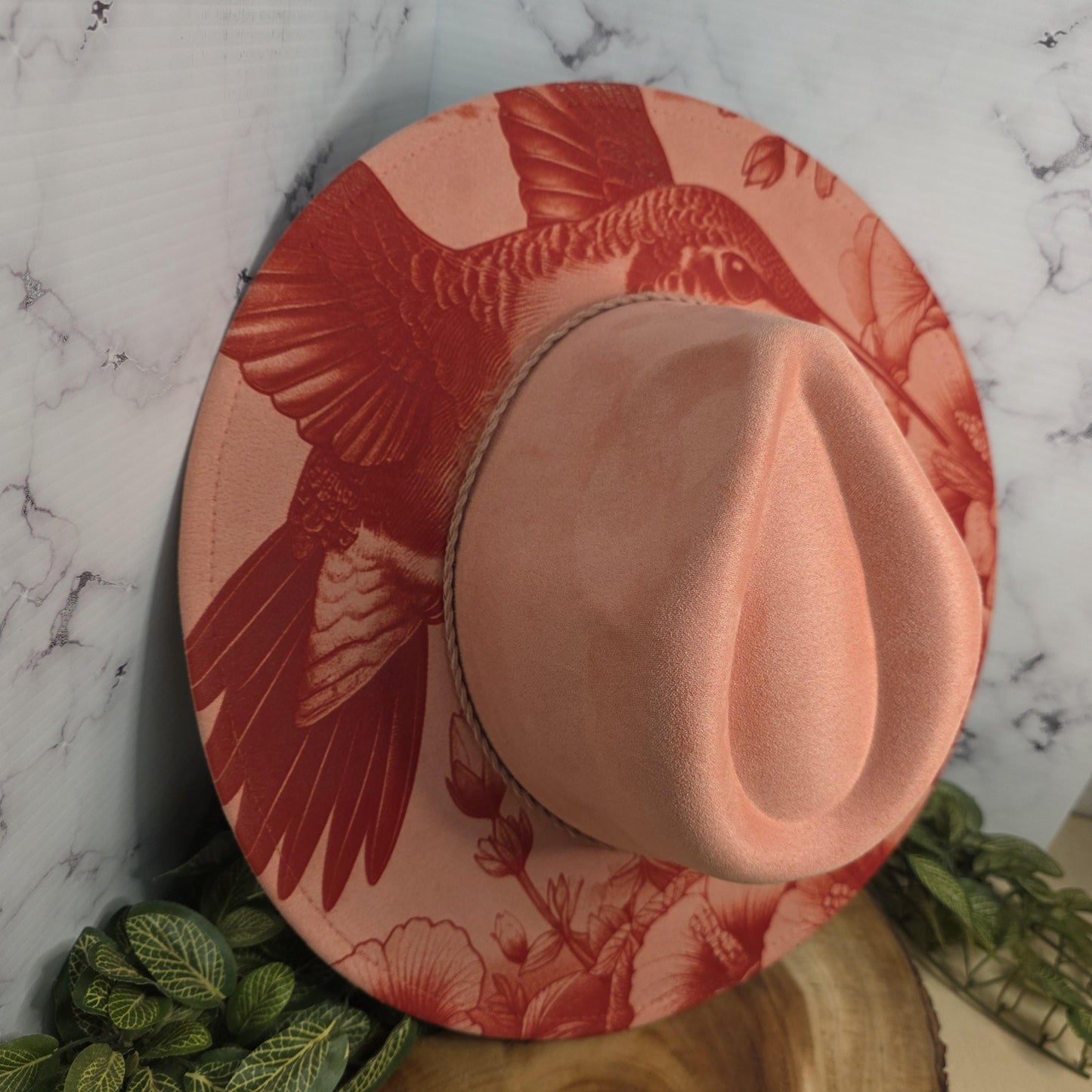 Hummingbird Engraved Wide Brim Hat, Floral Boho Western Vegan Suede Fedora, Nature Inspired Boutique