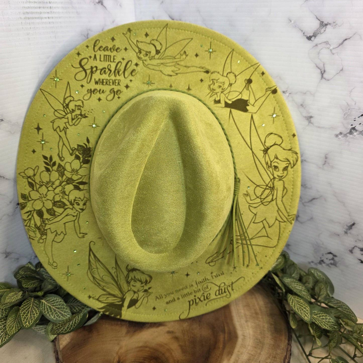 Tinkerbell Sassy Fairy Princess Fedora Burned Hat, Boho Vegan Suede Wide Brim Hat