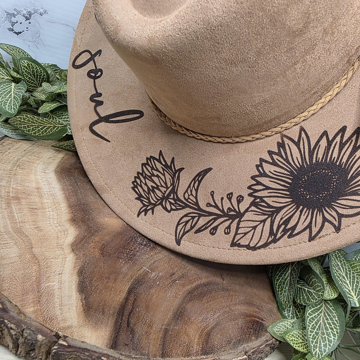 Wild Soul Sunflower Wide Brim Hat, Laser Engraved Fedora, Boho Wildflowers, Gift For Her