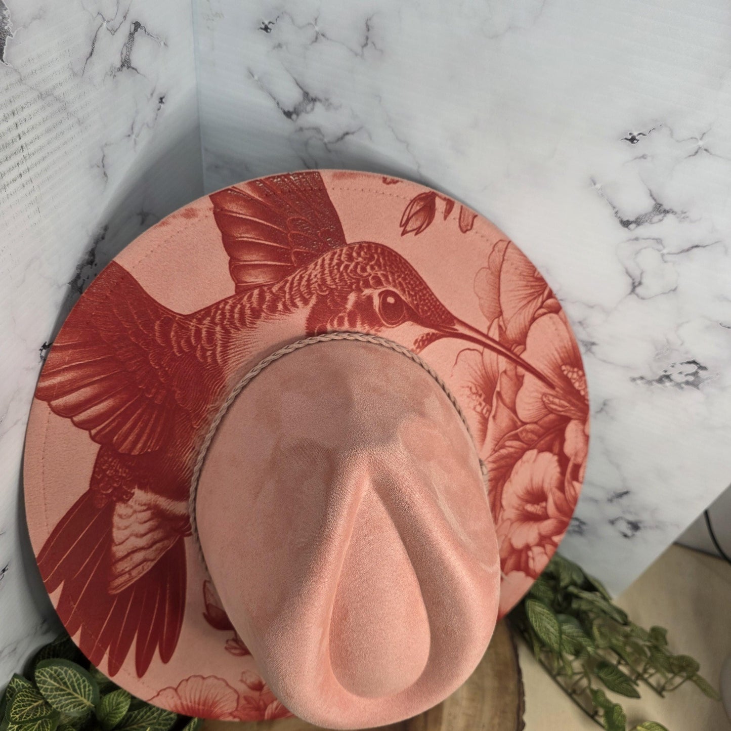 Hummingbird Engraved Wide Brim Hat, Floral Boho Western Vegan Suede Fedora, Nature Inspired Boutique