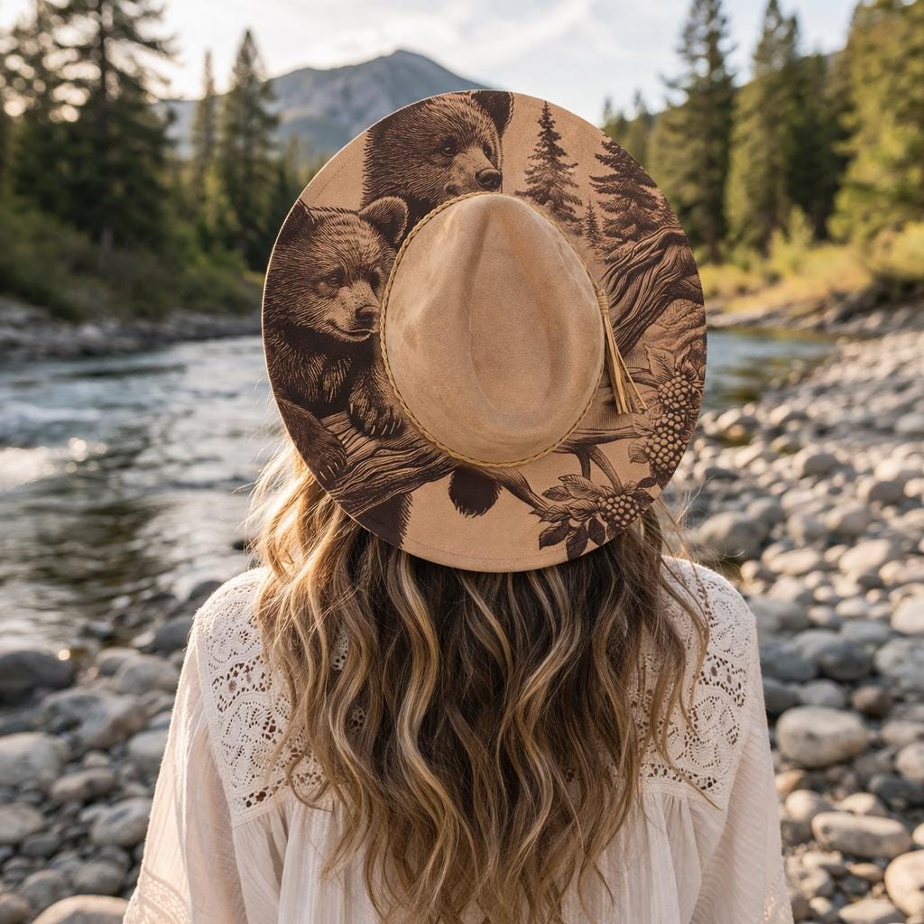 Bear lover wide brim hat angled overhead view with braided band detail