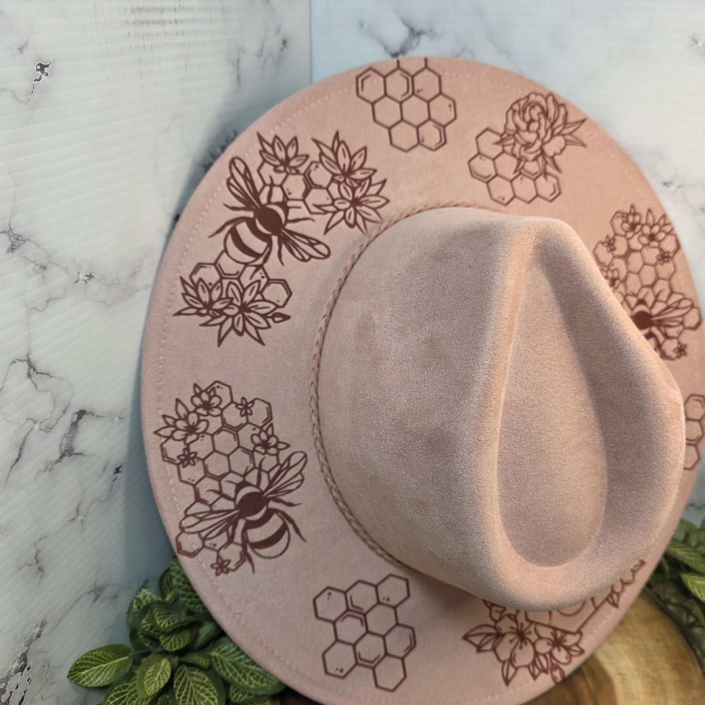 Bee Honeycomb Wide Brim Hat, Honeybee Boho Cap, Gift Women, Floral Nature Fedora