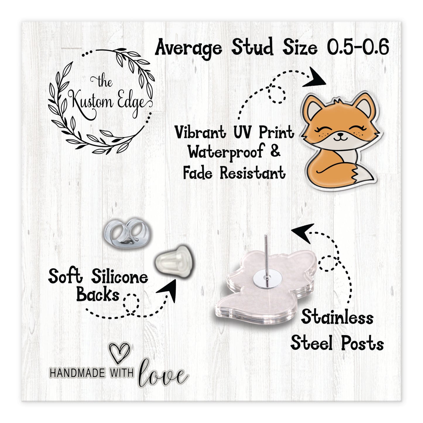 The image is a collage of various items related to earrings, including a fox, a silicone back, a stainless steel post, and a soft silicone backing. The image also includes text that provides information about the average stud size, the materials used, and the manufacturing process.