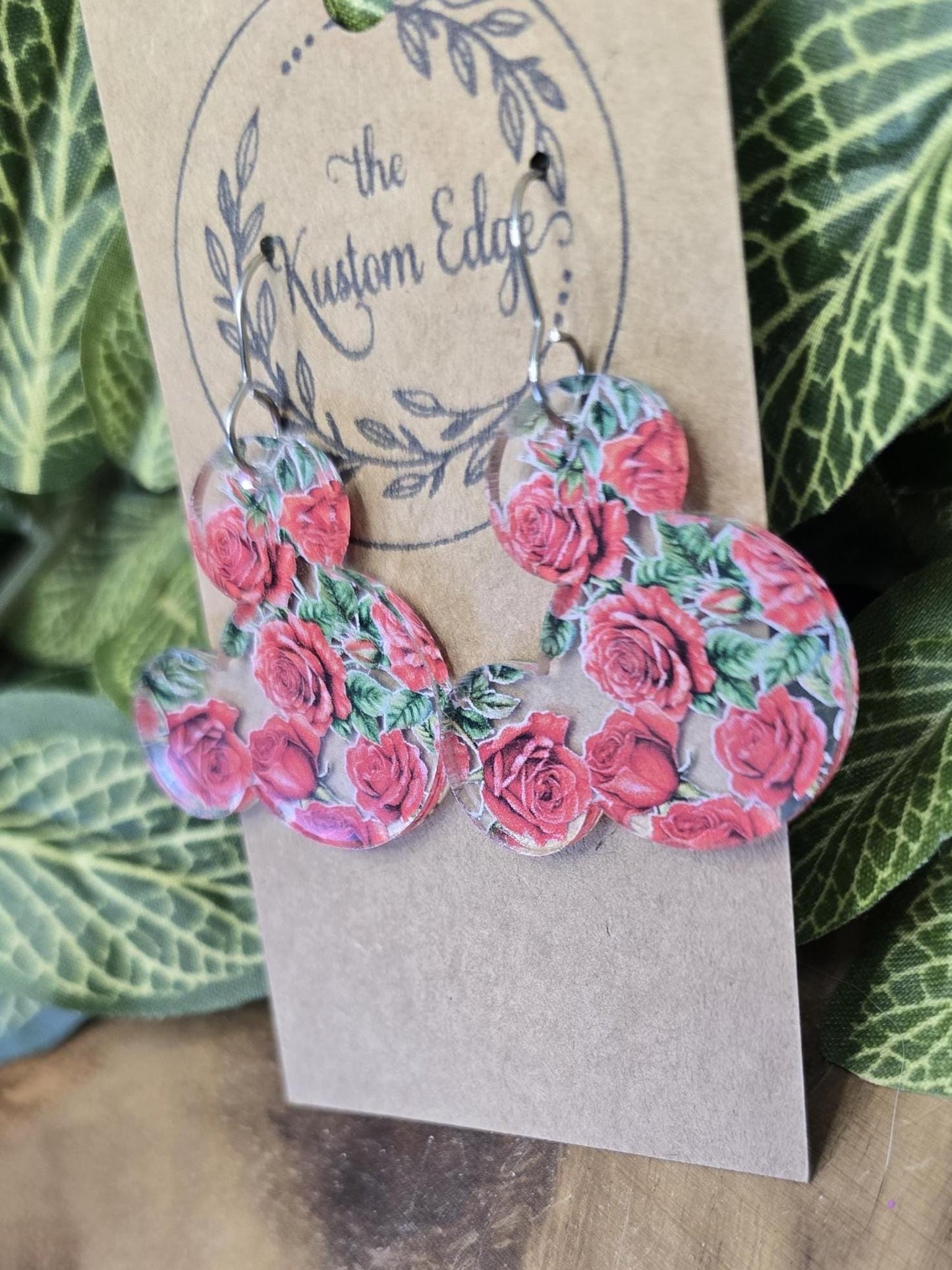 Rose Garden Mouse Earrings: Laser Cut Acrylic Dangles, Hypoallergenic Light Weight