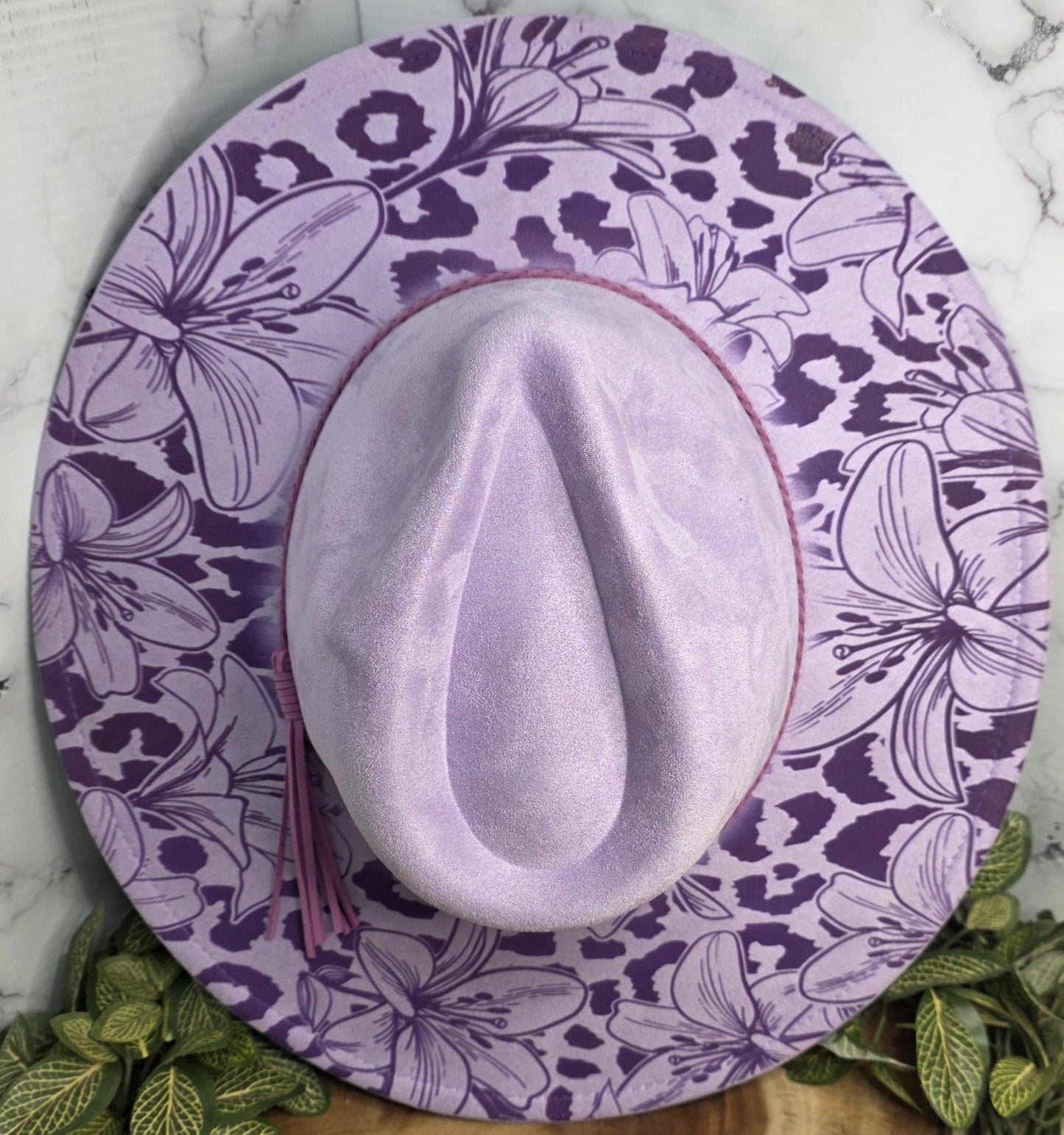 Lavender wide brim vegan suede hat with purple floral and leopard print design