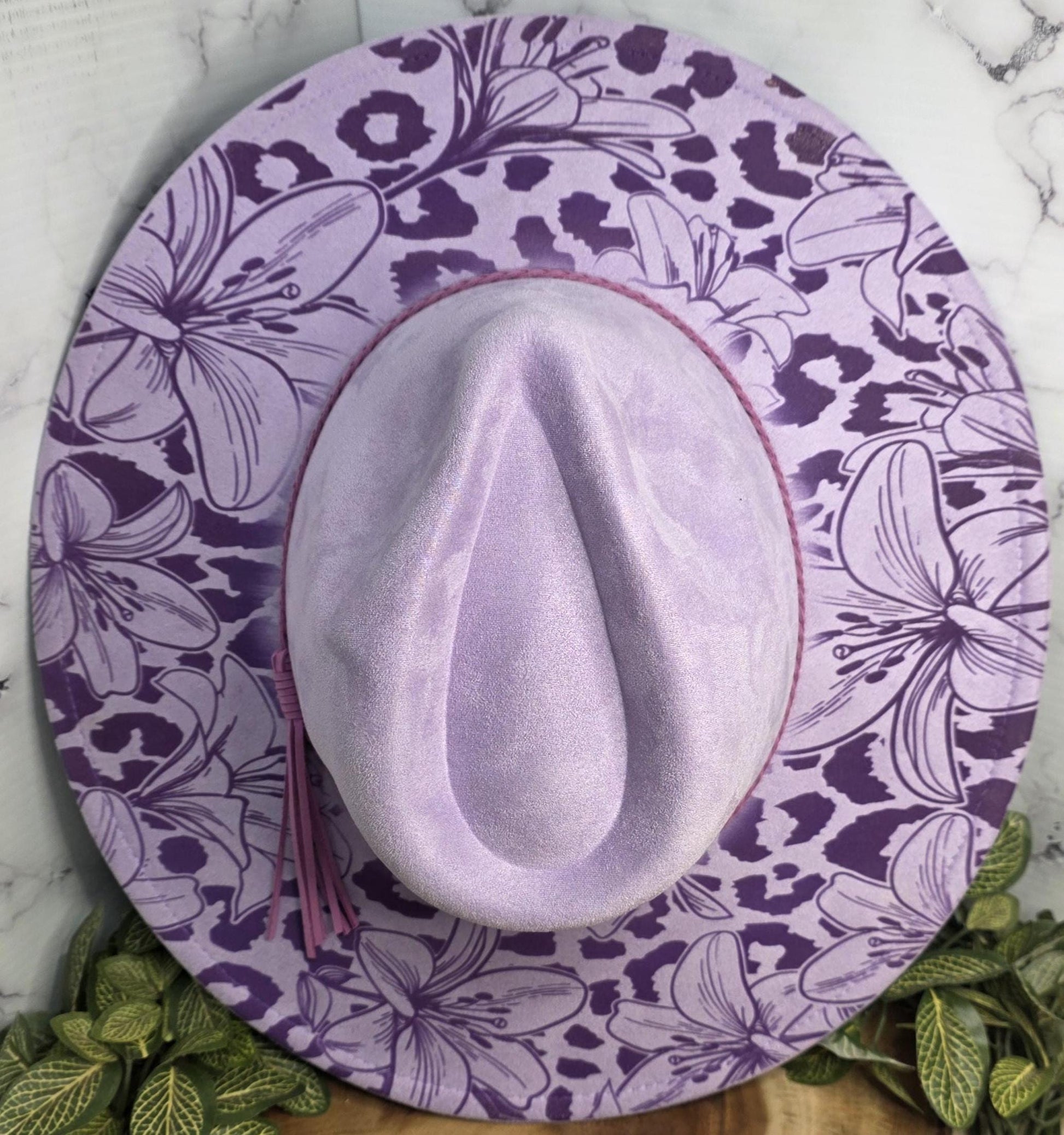 Lavender wide brim vegan suede hat with purple floral and leopard print design