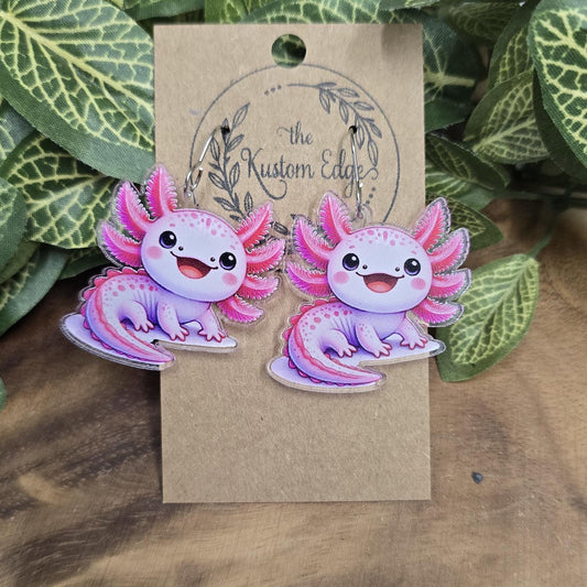 Pink Axolotl Dangle Earrings, Laser Cut, Gift For Her Handmade Hypoallergenic Drop Style