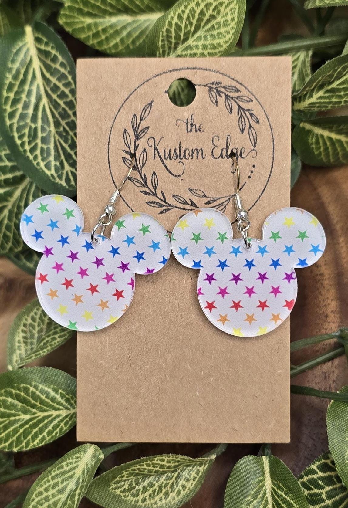 Rainbow Star Mouse Earrings: Laser Cut Acrylic Dangles, Hypoallergenic, Light Weight
