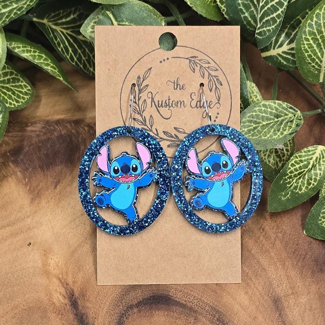 Stitch Dangle Earrings: Glitter Acrylic, Stainless Steel, Handmade