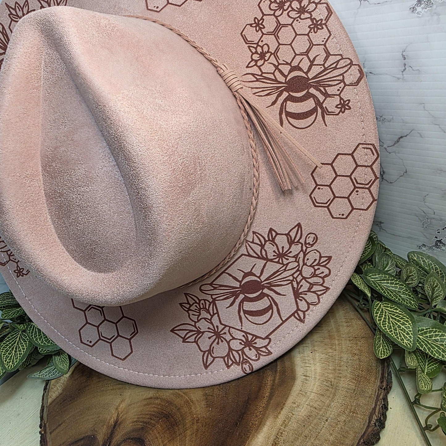 Bee Honeycomb Wide Brim Hat, Honeybee Boho Cap, Gift Women, Floral Nature Fedora