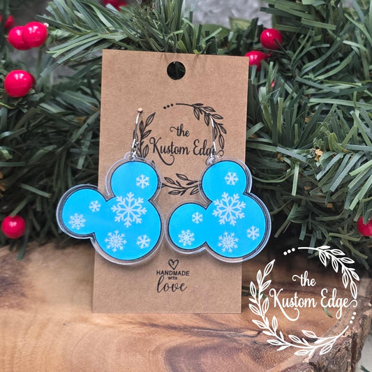Snowflake Mouse Earrings, Acrylic Dangle Earrings, Light Weight Winter Holiday