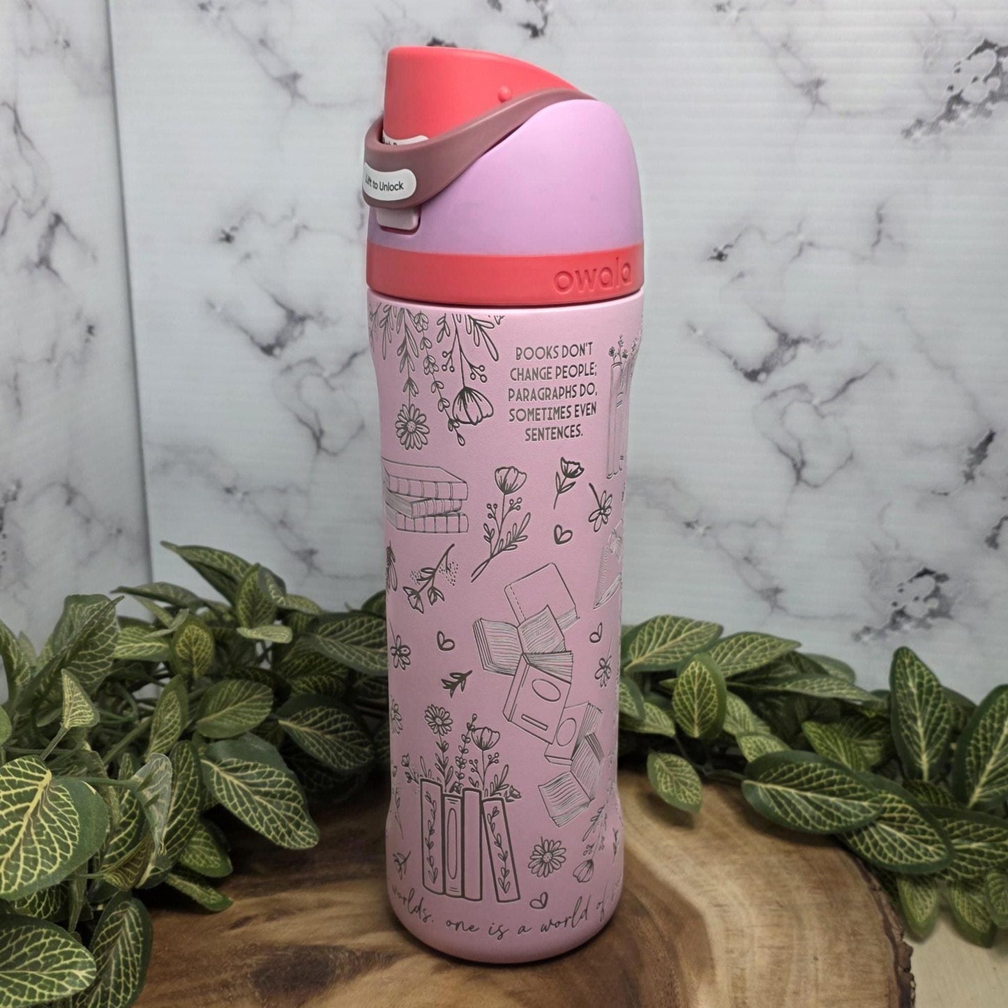 floral book stack engraved insulated water bottle