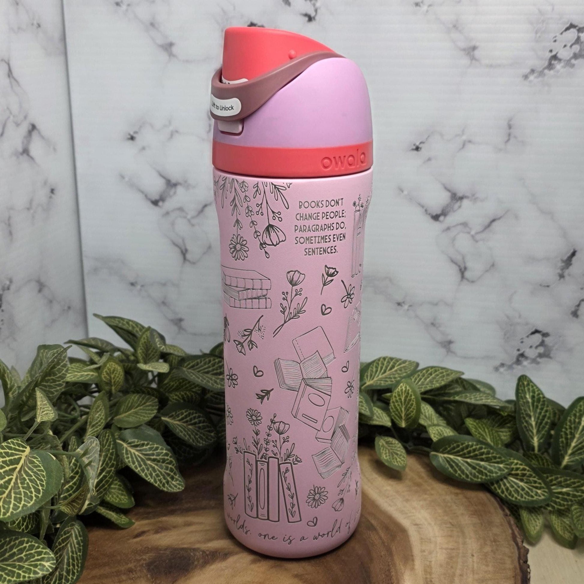 floral book stack engraved insulated water bottle