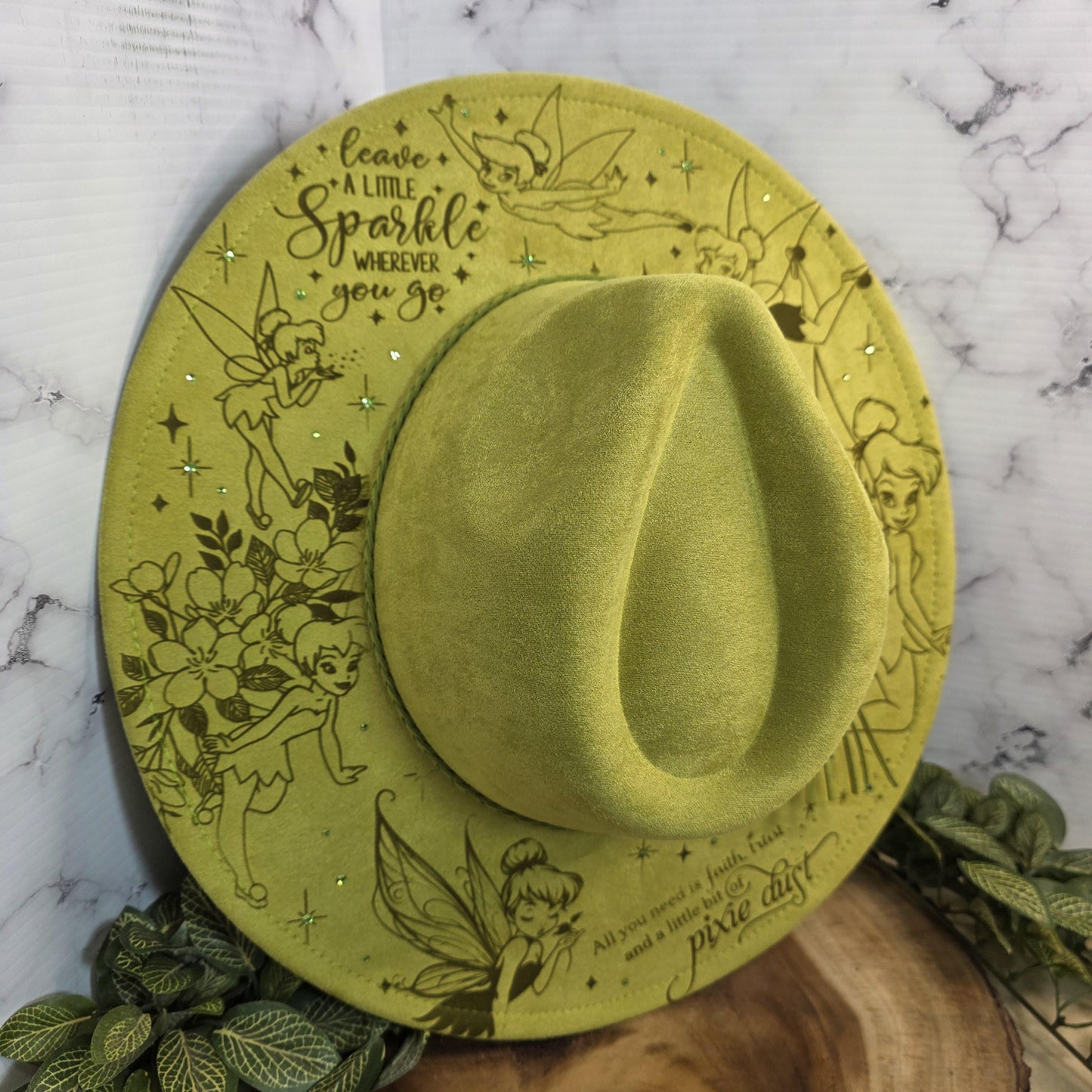 Tinkerbell Sassy Fairy Princess Fedora Burned Hat, Boho Vegan Suede Wide Brim Hat
