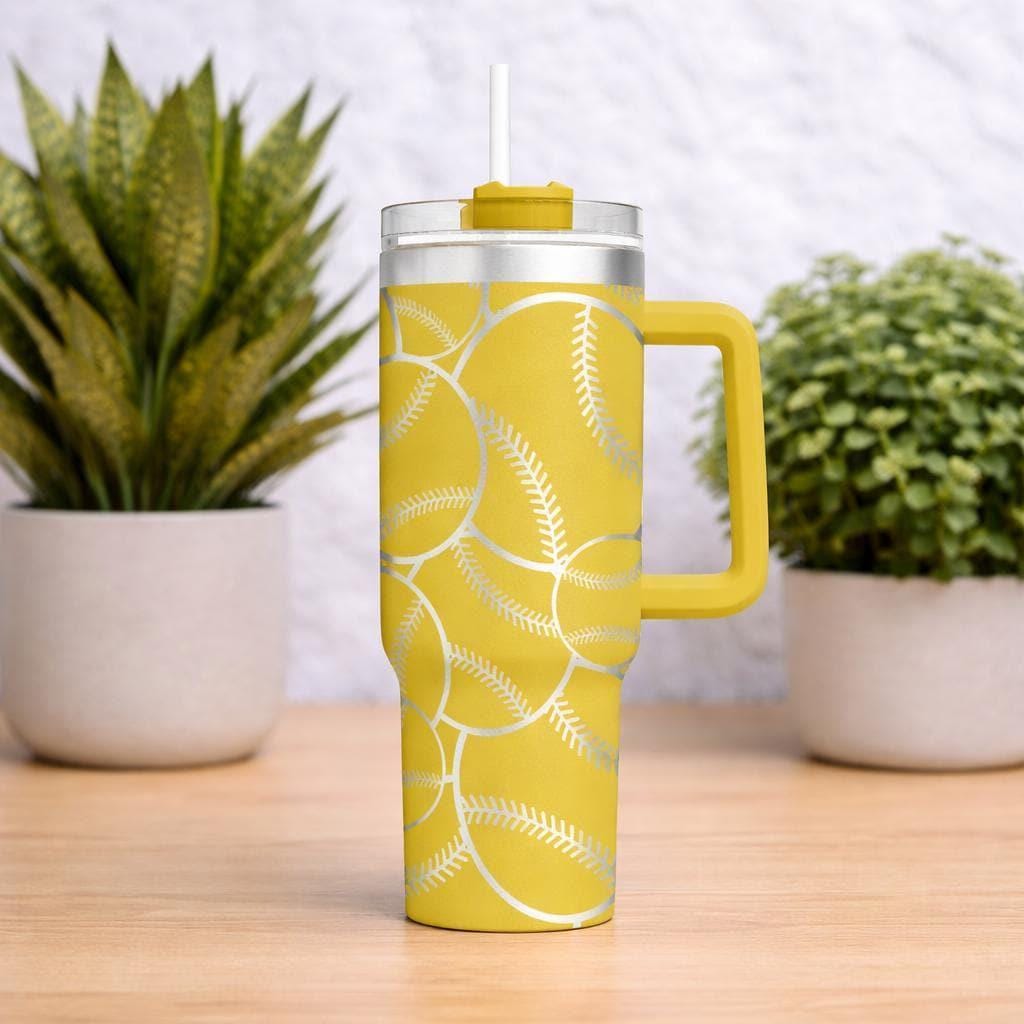 Baseball Softball Tumbler With Handle, Sports Stainless Steel Mug With Straw