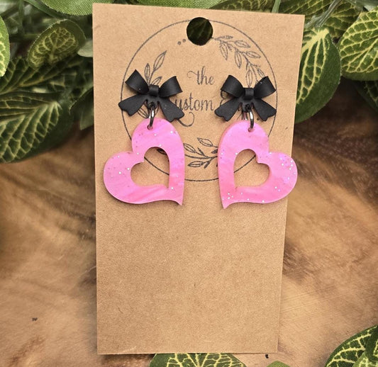 Black Bow Pink Heart Earrings, Glitter Pink Acrylic, Stainless Steel, Gift For Her, Light Weight Dangle Earrings, Valentines Day Earrings,