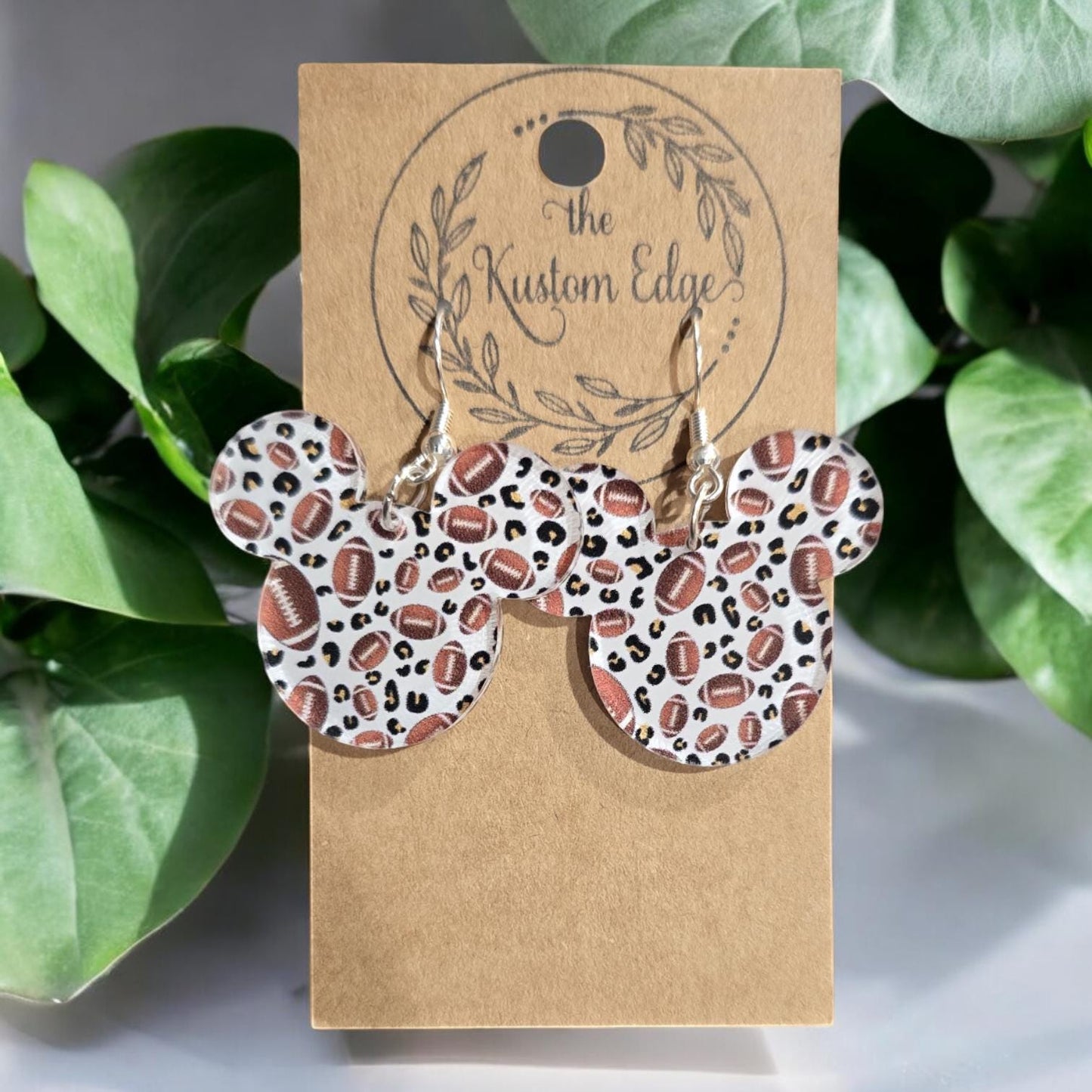 Football Mouse Earrings, Leopard Print, Laser Cut,  Handmade Drop Dangles, Game Day Earrings