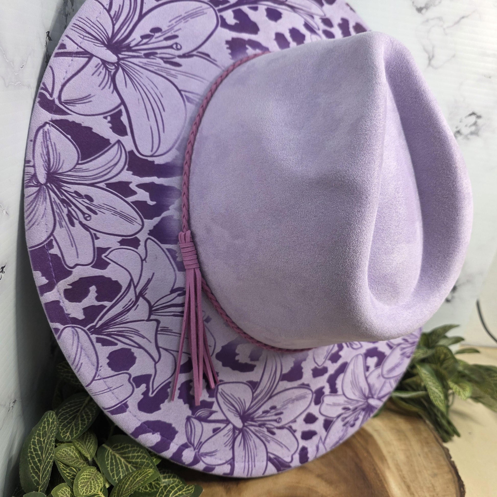 Purple boho fedora hat with engraved lily flowers and animal print pattern