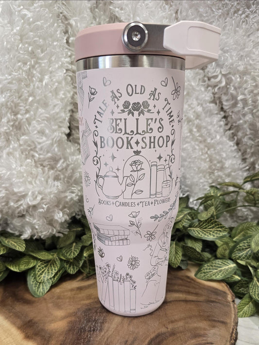 Princess Belle with Books Engraved Tumbler: 40oz/30oz Stainless Steel Cup, Book Lover Gift, Personalized Cup