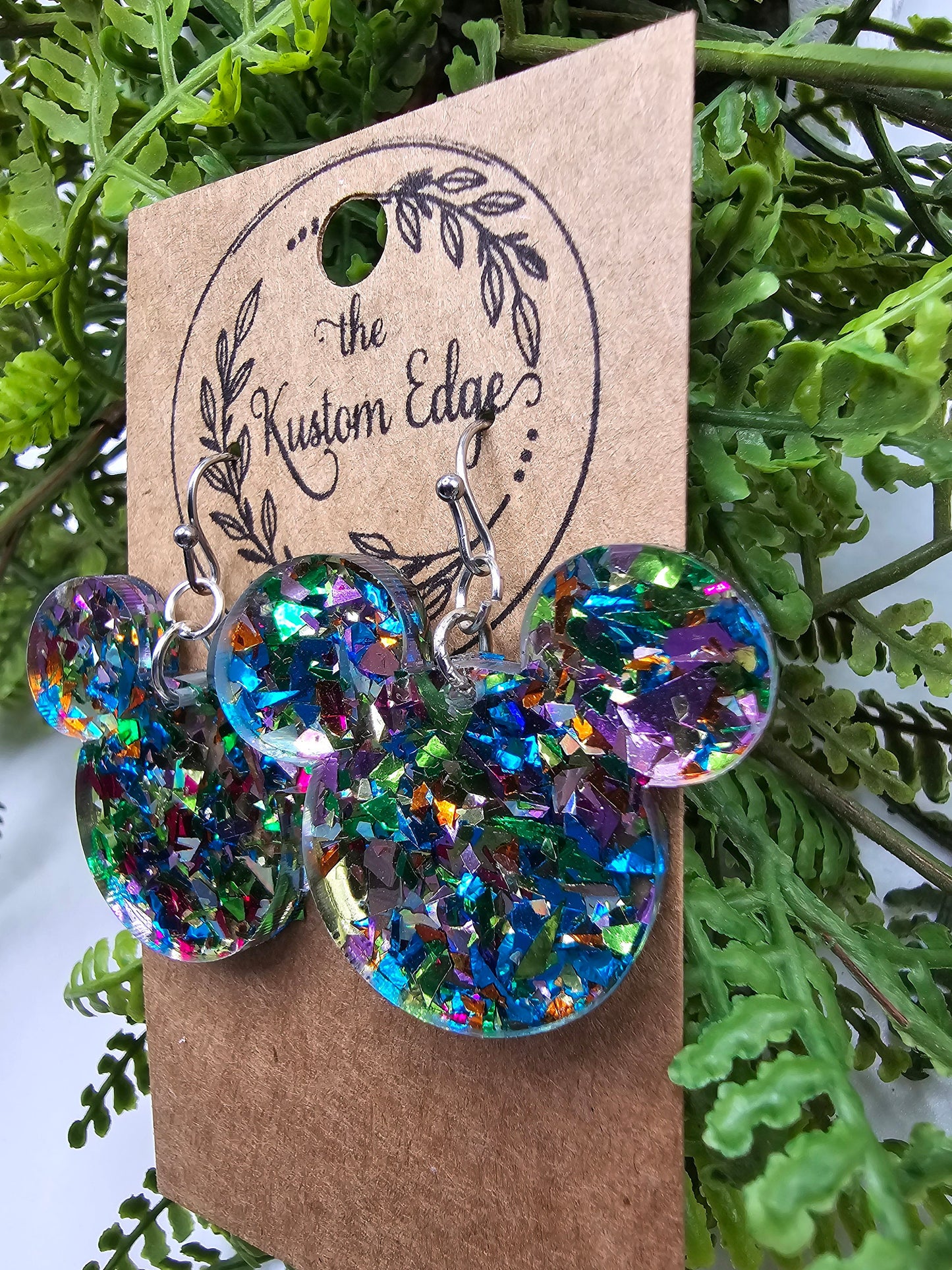 Mouse Head Confetti Glitter Dangle Earrings: Laser Cut Acrylic