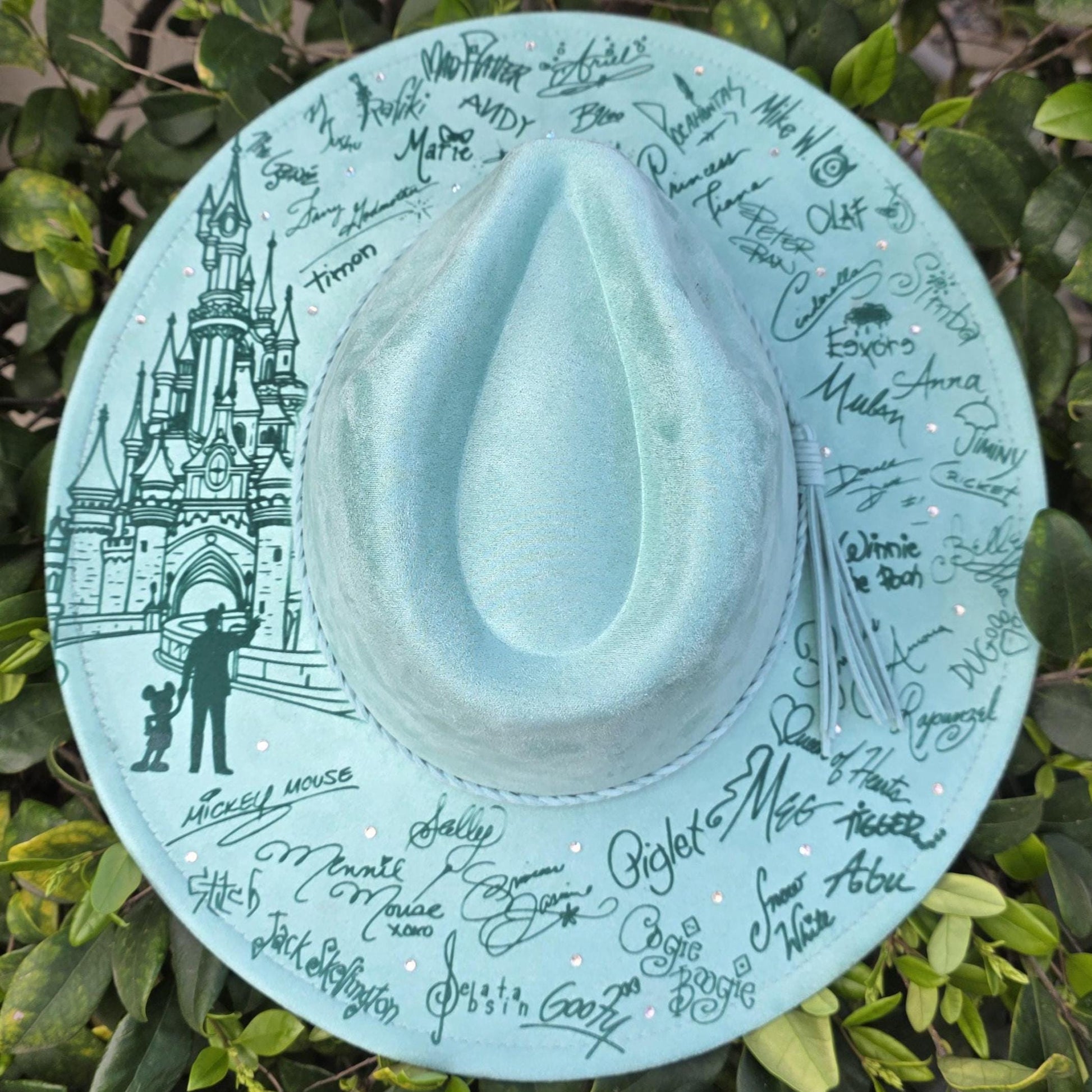 Boho western engraved castle hat with rhinestones and whimsical storybook design