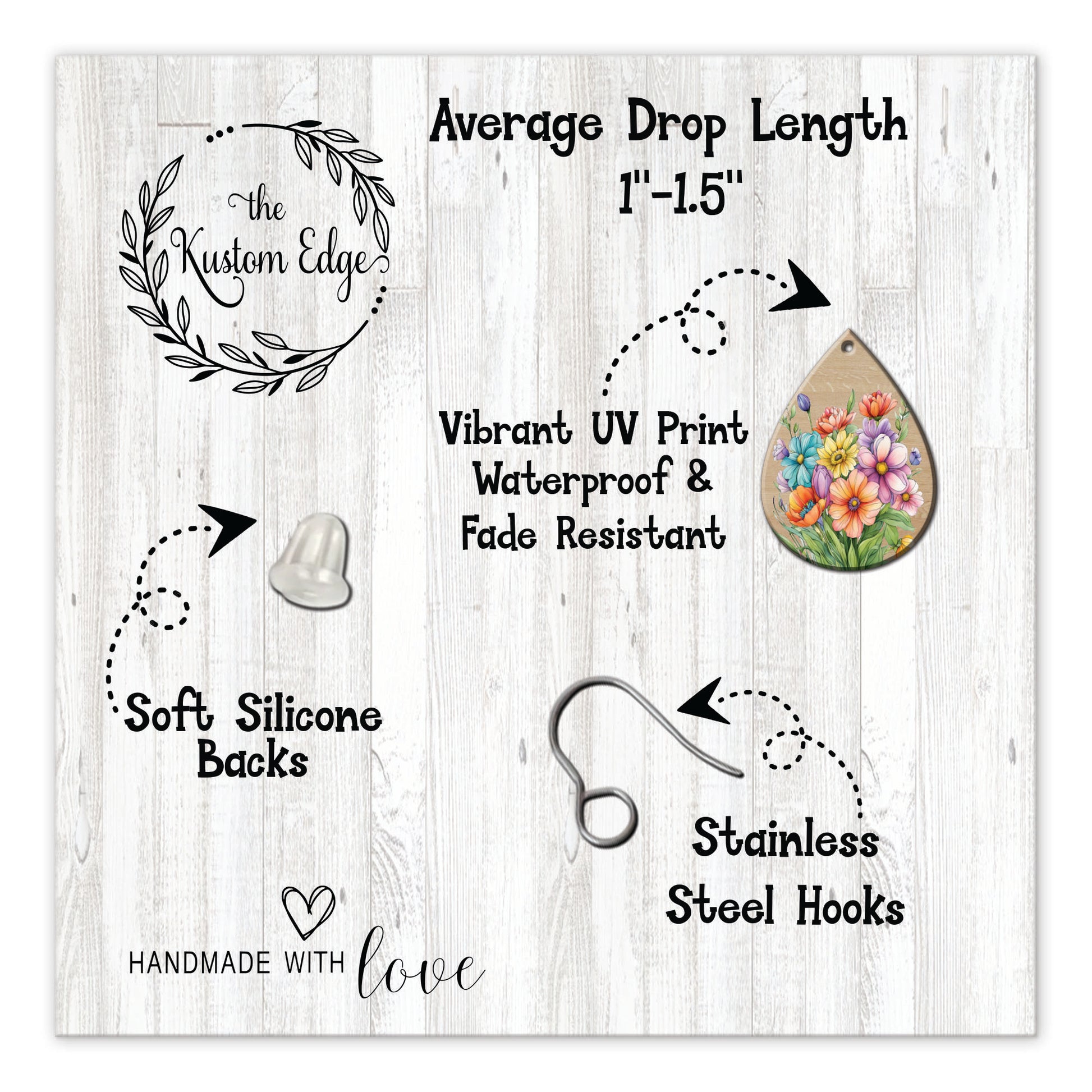 The image is a collage of various items related to the Custom Edge brand, including a teardrop-shaped earring, a silicone back, a stainless steel hook, and a drop length of 1-15".