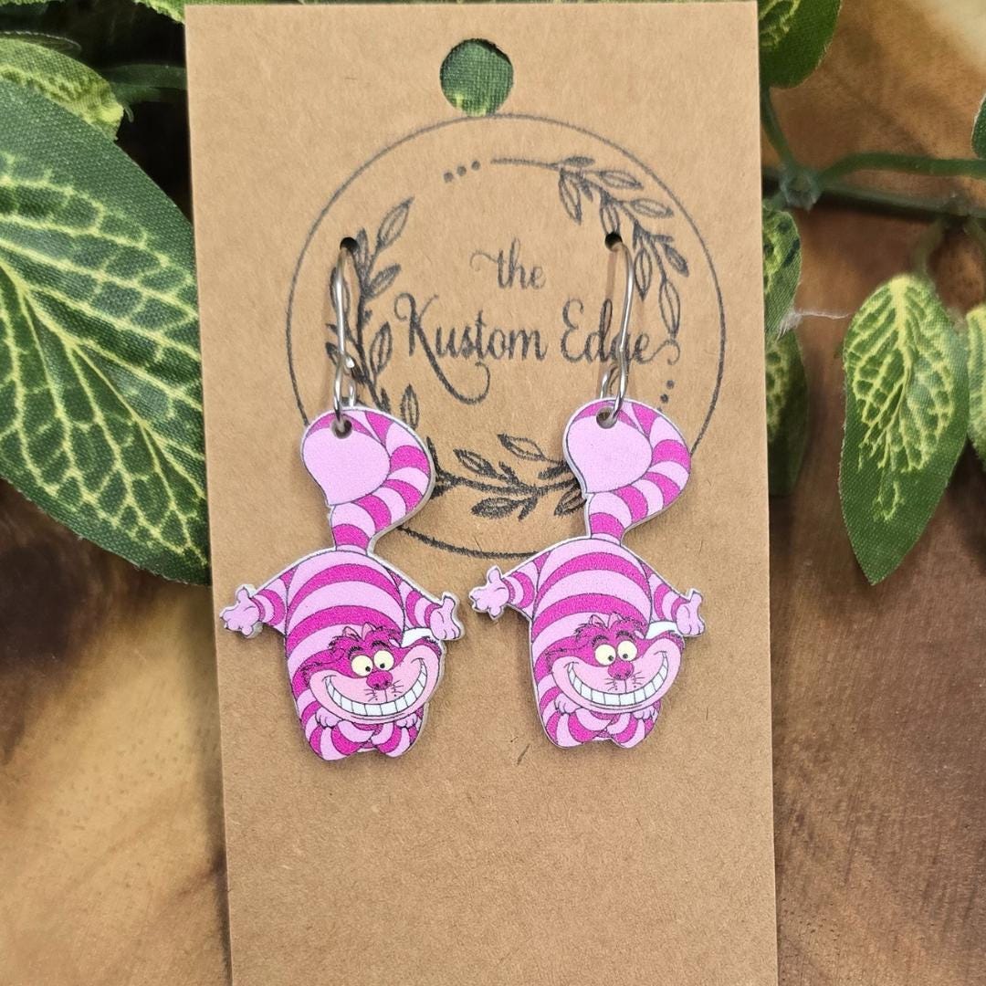 Cheshire Cat Dangle Earrings: Purple Cat, Laser Cut Acrylic, Stainless Steel, Light Weight, Hypoallergenic