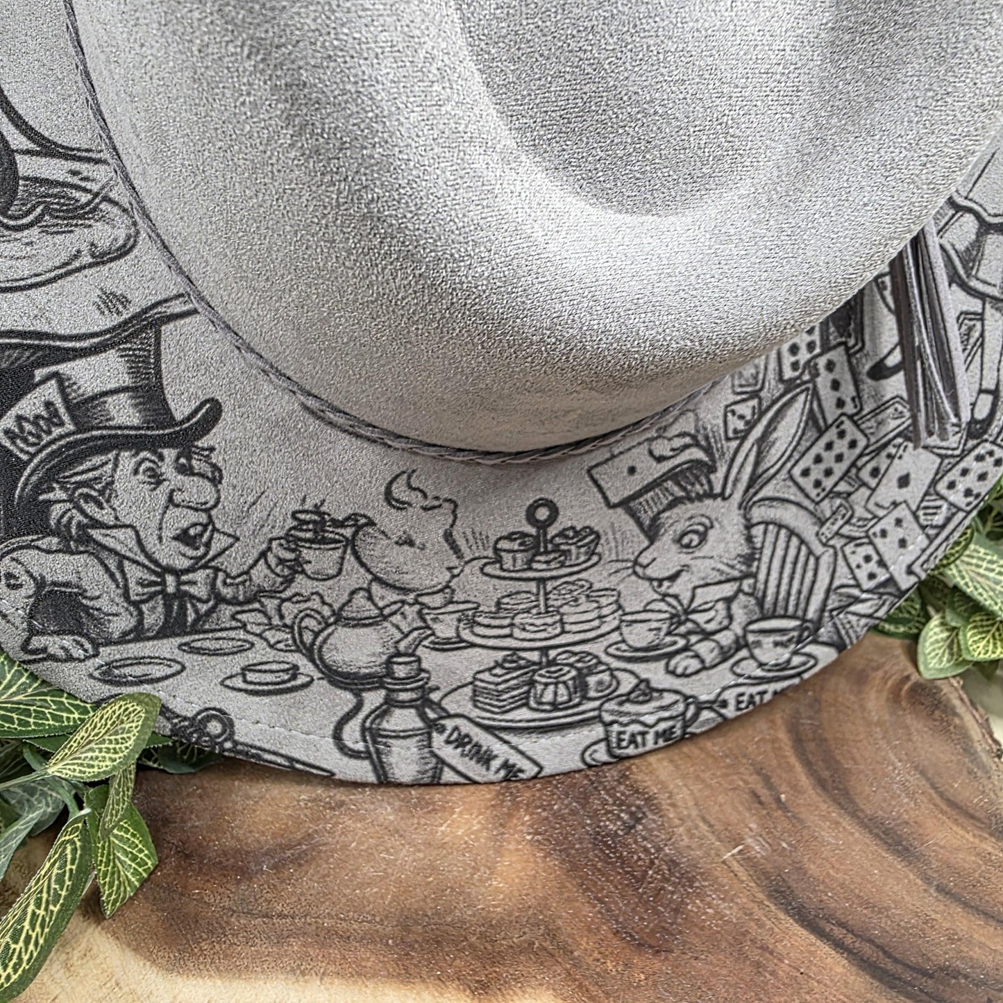 Alice In Wonderland Classic Engraved Wide Brim Fedora Hat Tea Party Design