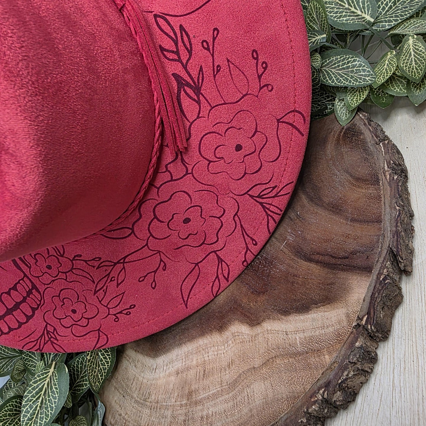 Sugar Skull Floral Wide Brim Hat, Laser Engraved Fedora, Skeleton Flower Hat