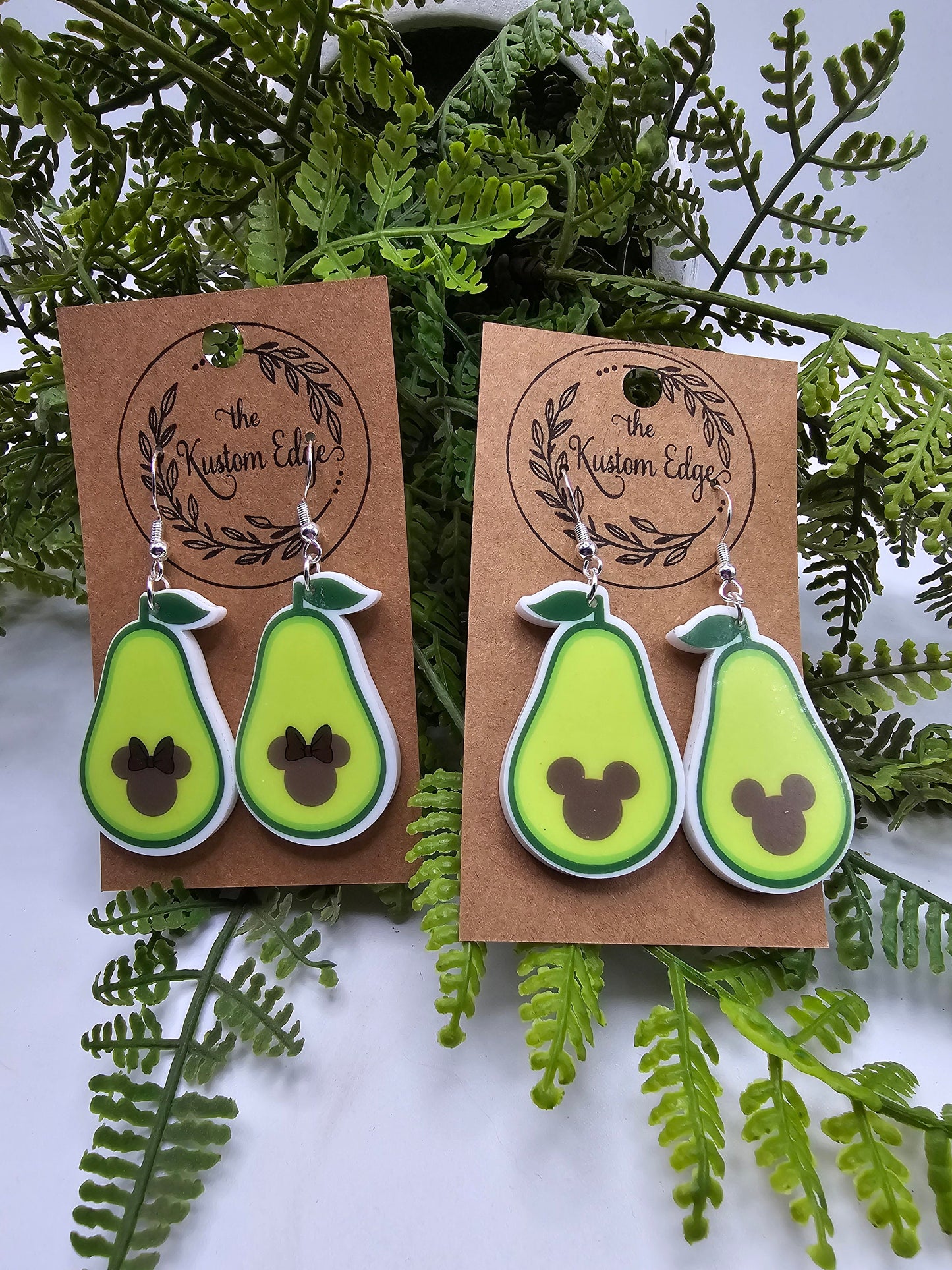Avocado Minnie or Mickey Pit Dangle Earrings, Printed on White Acrylic, Laser Cut, Handmade Drop Earrings, Gift, Mouse Fruit Earrings