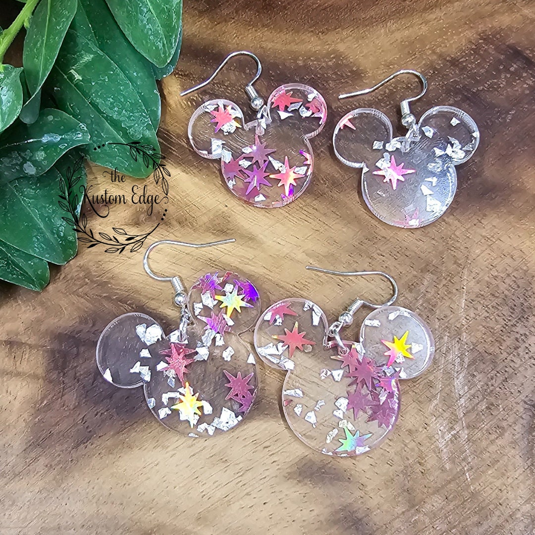 Holographic Star Mouse Earrings: Glitter Acrylic Dangle Earrings