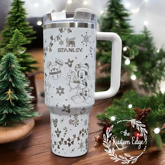 Holiday Mouse Tumbler: Laser Engraved Personalized Christmas, 30oz/40oz Stanley Style Stainless Steel Cup