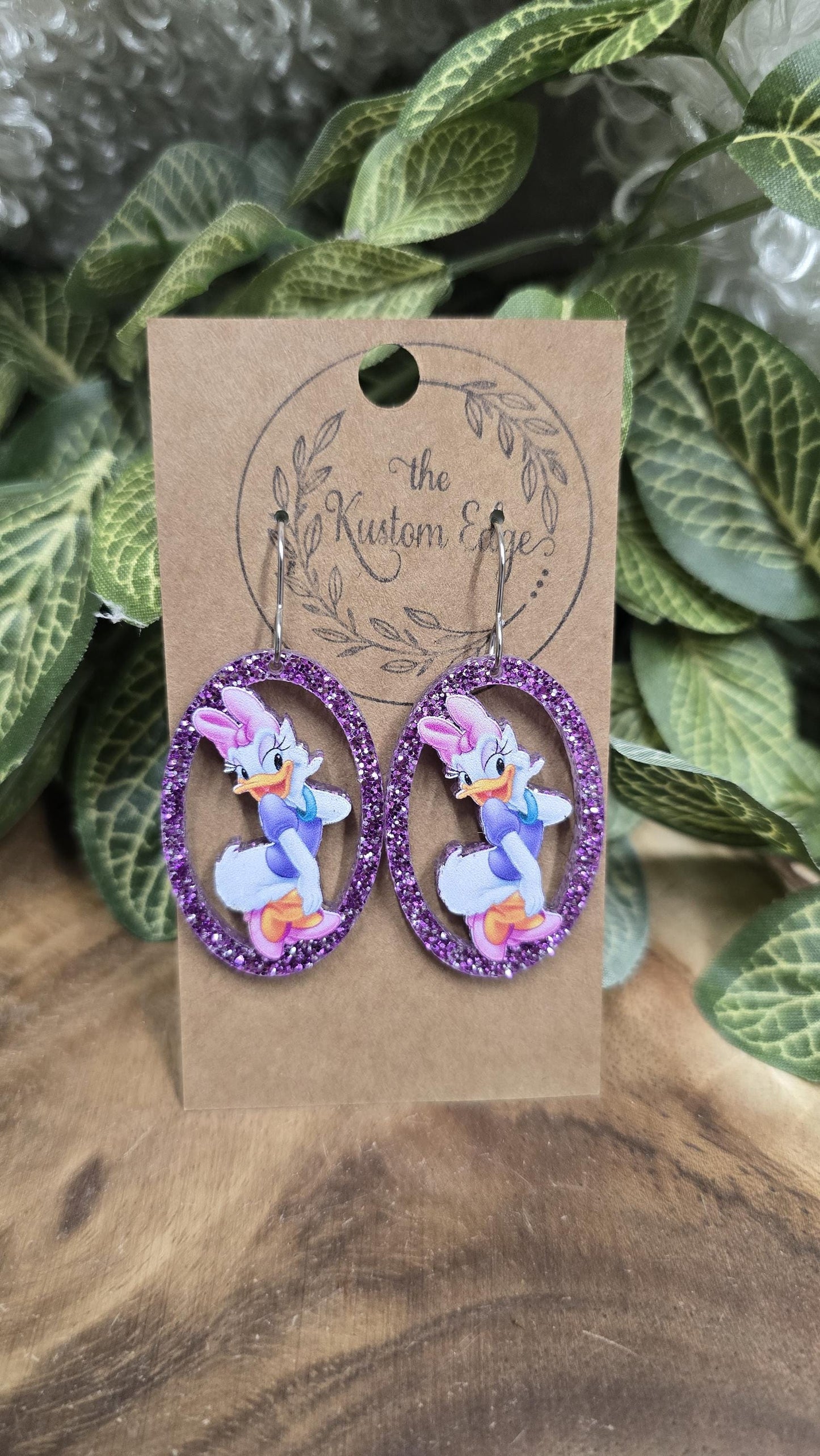 Daisy Duck Dangle Oval Drop Earrings, Sassy Duck, Lightweight Glitter Jewelry, Stainless Steel