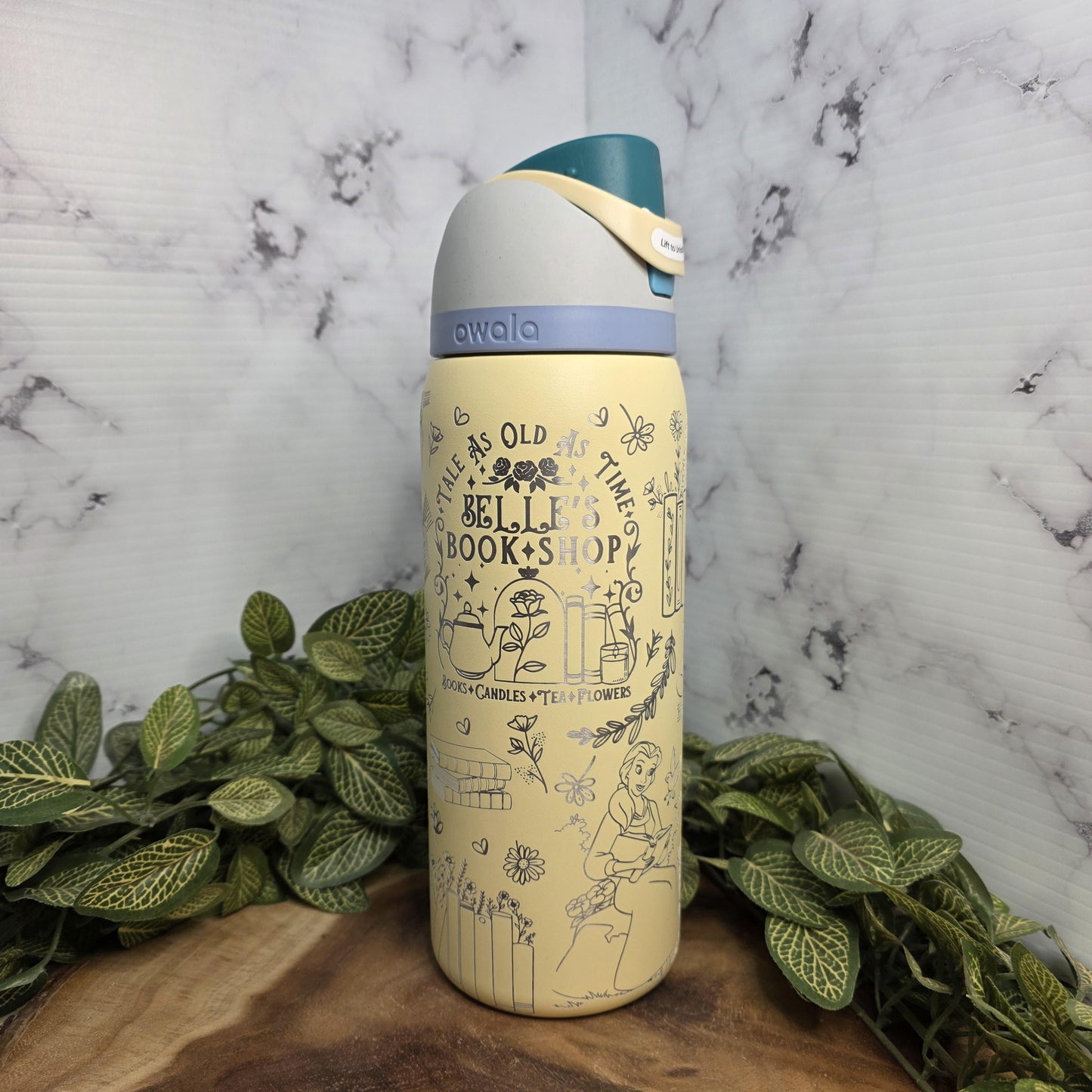 Princess Belle with Books Laser Engraved Owala Tumbler, Book Lover Gift, Personalized Water Bottle