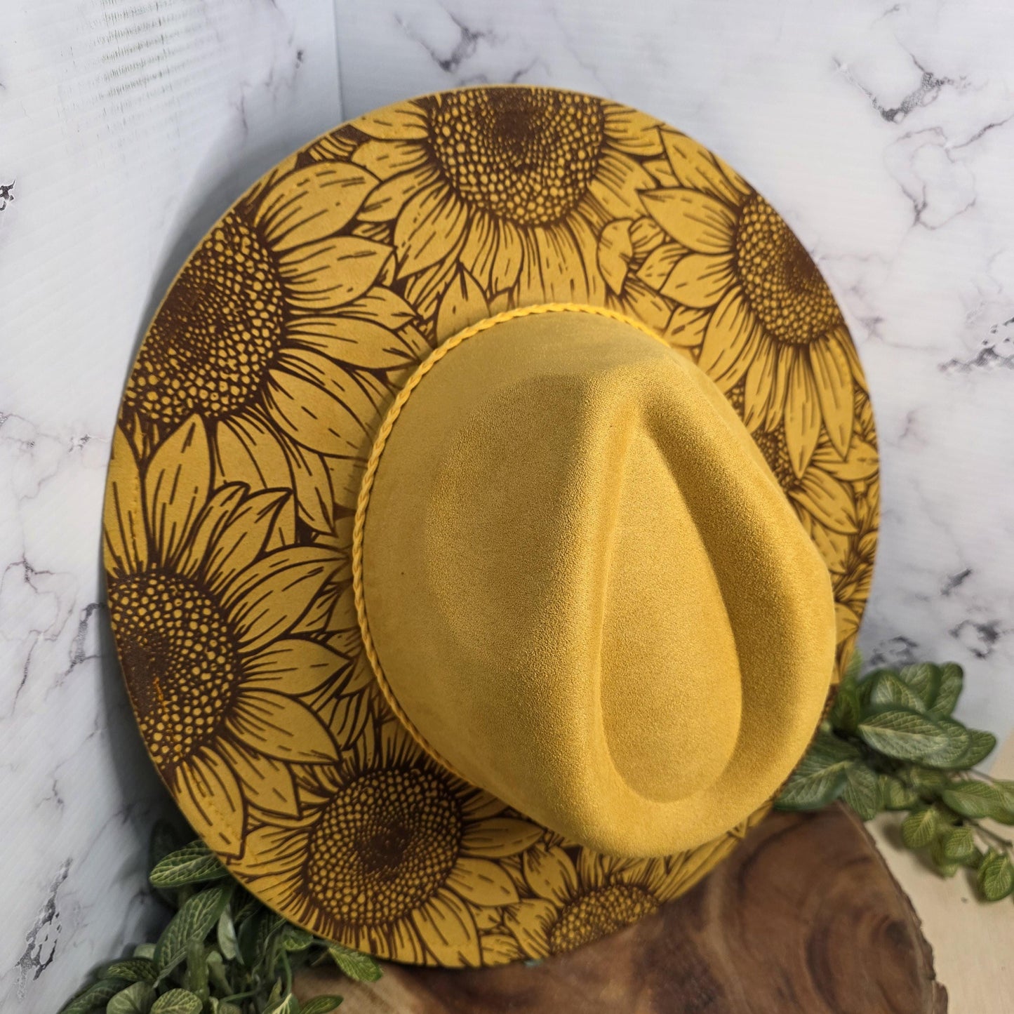 Laser Engraved Sunflower Hat | Personalized Wide Brim Vegan Suede Hat | Custom Boho Gift