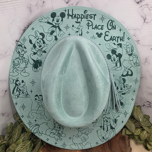 Magical Character Engraved Wide Brim Fedora Hat Happiest Place On Earth Vacation