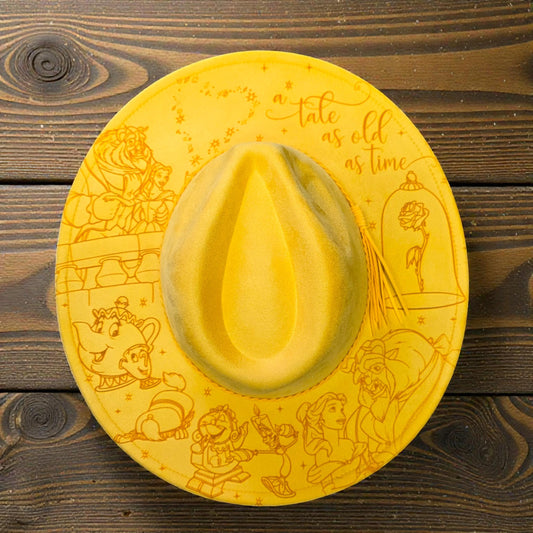 Yellow vegan suede wide brim hat laser engraved fairytale design