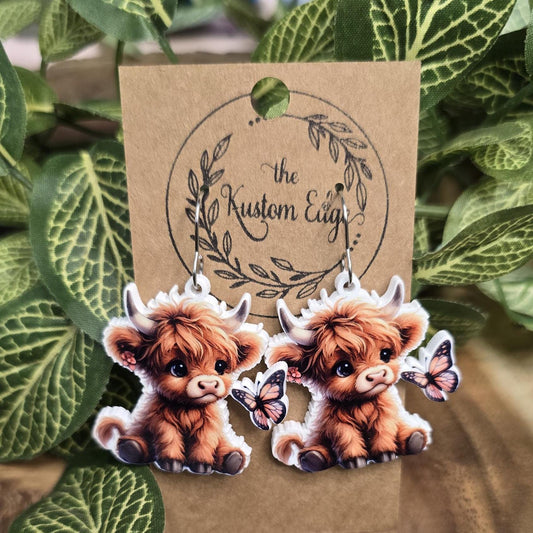 Highland Cow With Butterfly Dangle Earrings, Stainless Steel, Gift For Her, Handmade Drop Earrings