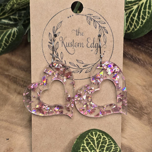 Holographic Glitter Pink Heart Earrings, Laser Cut Acrylic, Stainless Steel, Gift For Her, Light Weight Dangles, Valentines Day Earrings,
