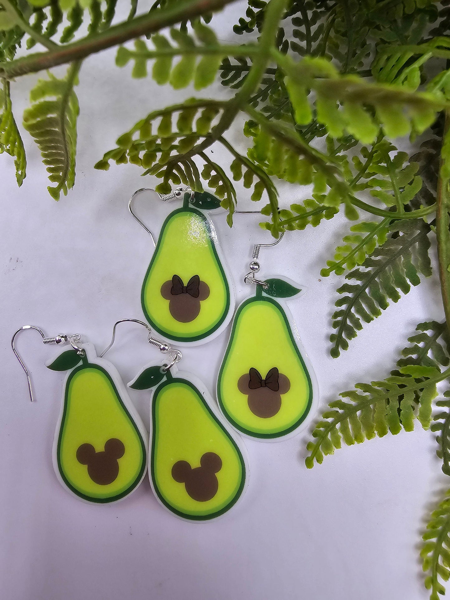 Avocado Minnie or Mickey Pit Dangle Earrings, Printed on White Acrylic, Laser Cut, Handmade Drop Earrings, Gift, Mouse Fruit Earrings