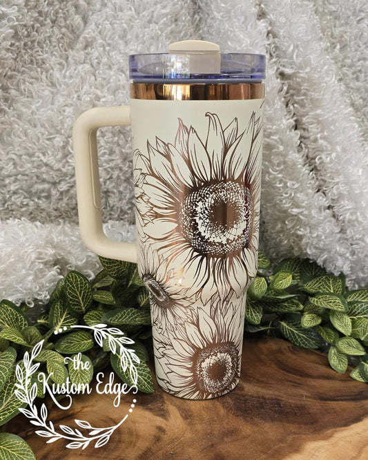 Laser Engraved Sunflower Tumbler: Personalized Stainless Steel Cup, Floral Design