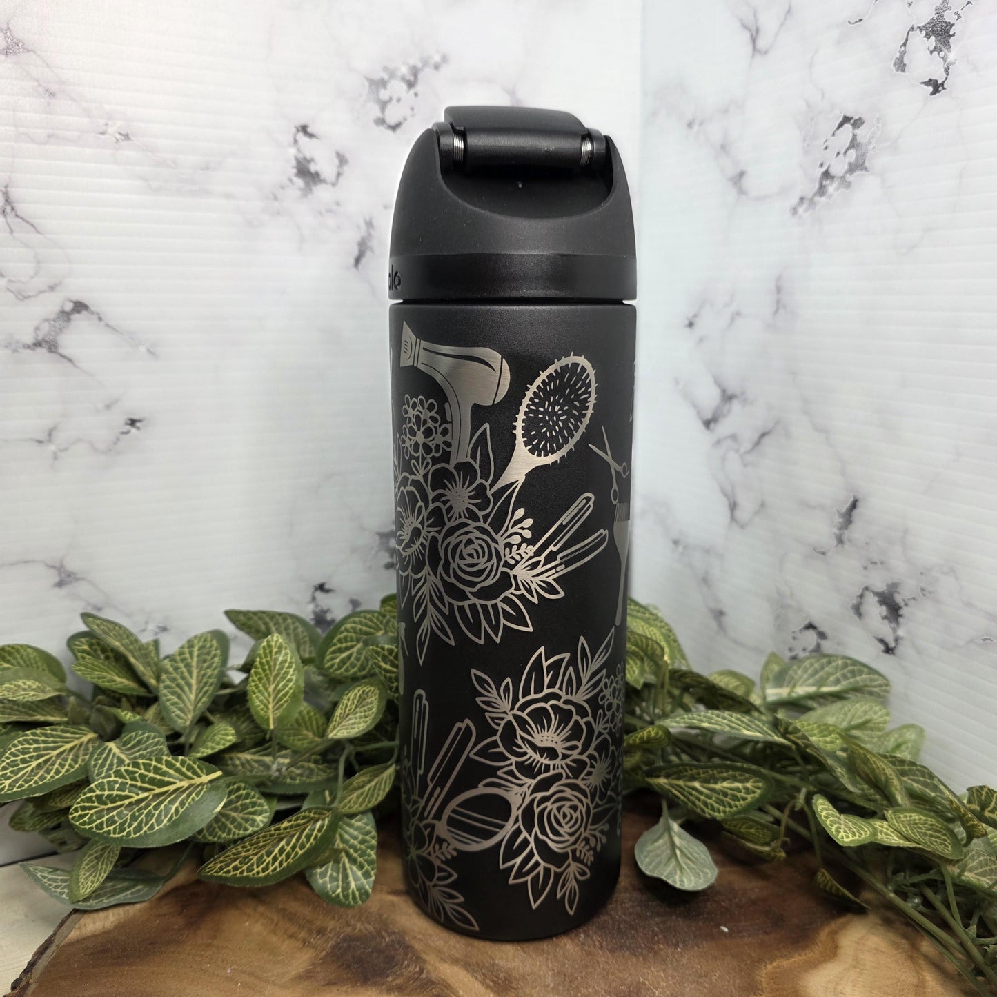 Hair Stylist Floral Tumbler Gift, Cosmetologist Cup Salon Tools, Stainless Steel Engraved Travel Mug